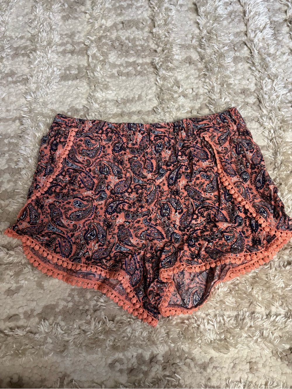 Joe Boxer Women's Shorts Orange With Blue Paisley & Pom Pom Trim Size Small